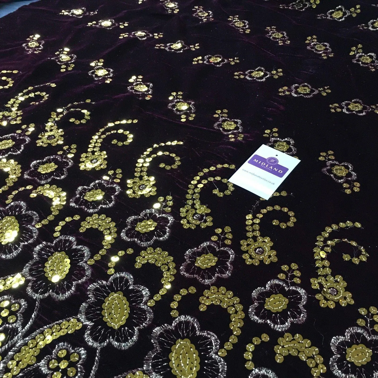 Gold Sequin Embellished Scalloped edge Micro Velvet 40" Wide  M47 Mtex