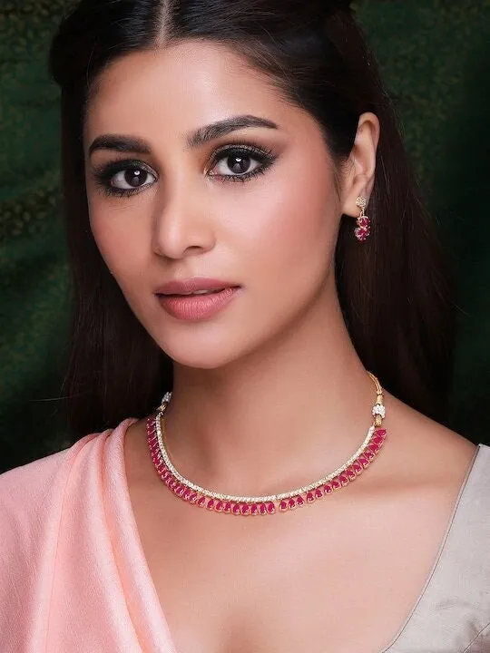 Gold-Toned & Pink CZ Stone-Studded Jewellery Set