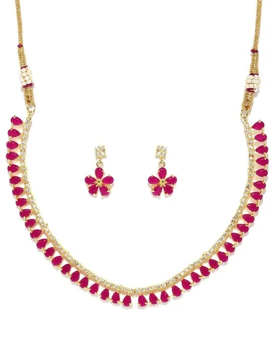 Gold-Toned & Pink CZ Stone-Studded Jewellery Set