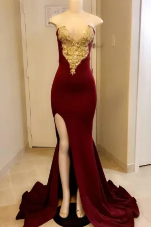 Gorgeous Burgandy Side Slit Floor Length Prom Dresses