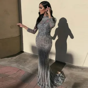 Gorgeous Dark Gray Diamonds Evening Dresses Long Sleeve