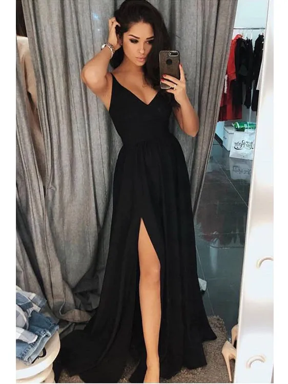 Graceful Satin V-neck Neckline A-line Prom Dresses With Slit PD246