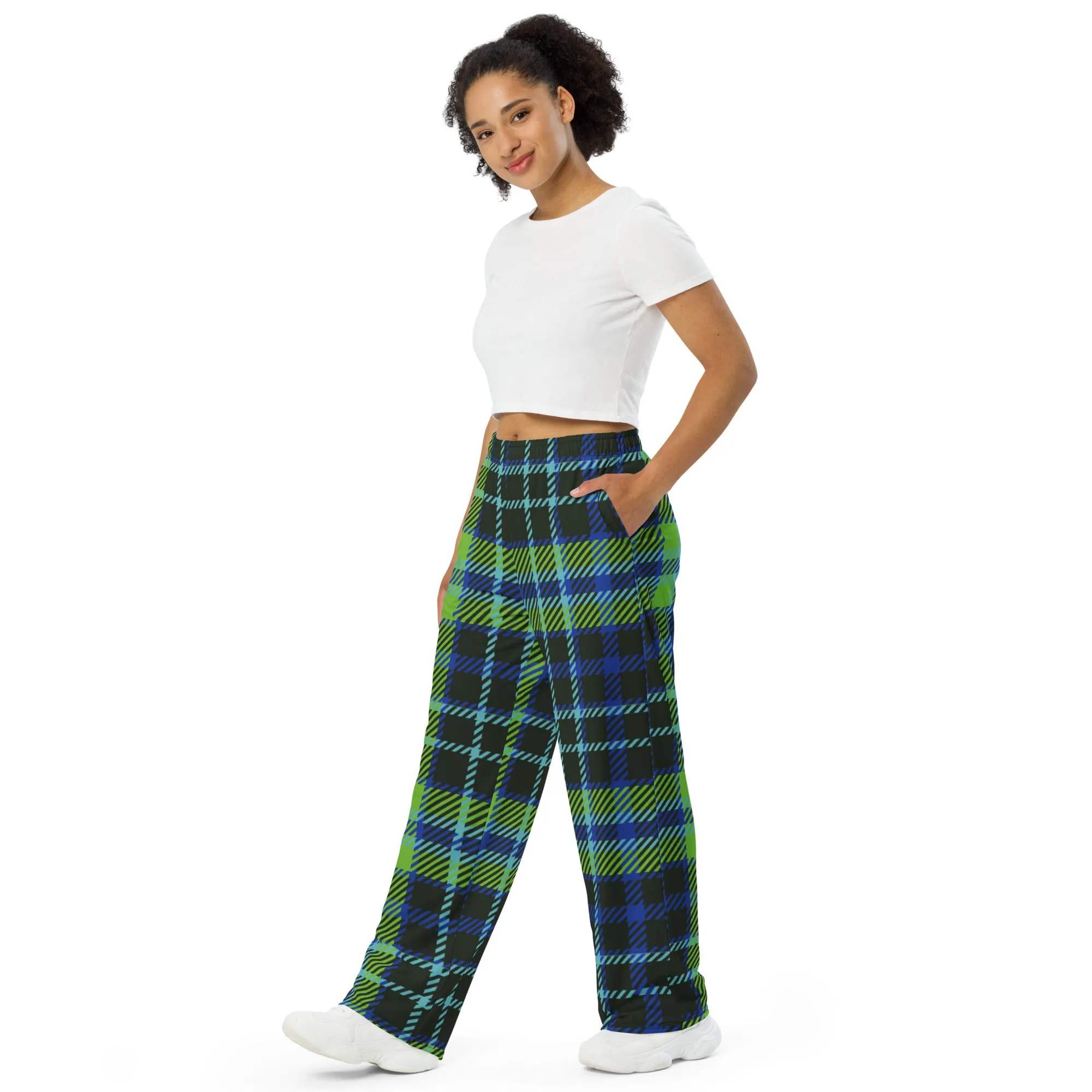 Green and Blue Plaid All-over print unisex wide-leg pants