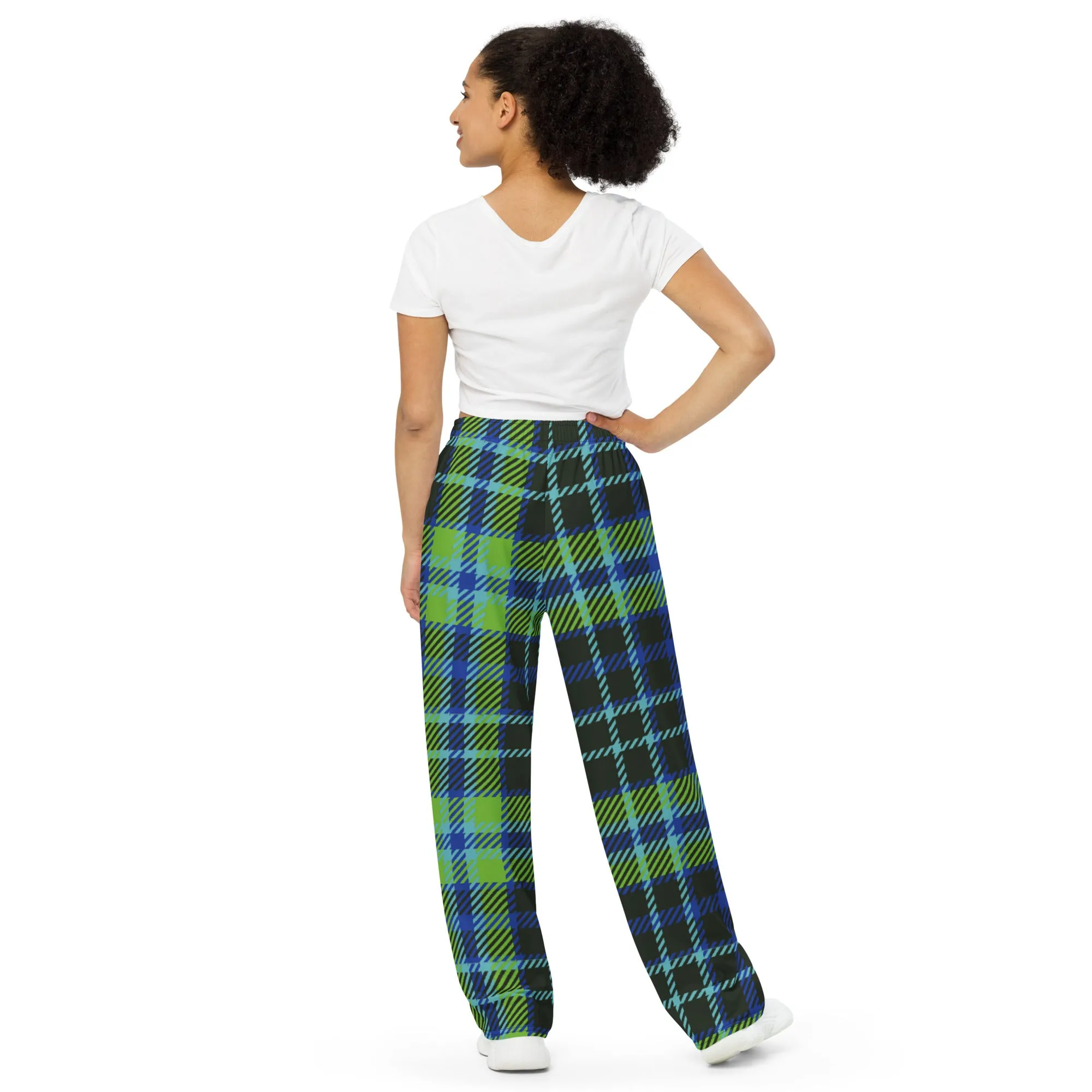 Green and Blue Plaid All-over print unisex wide-leg pants