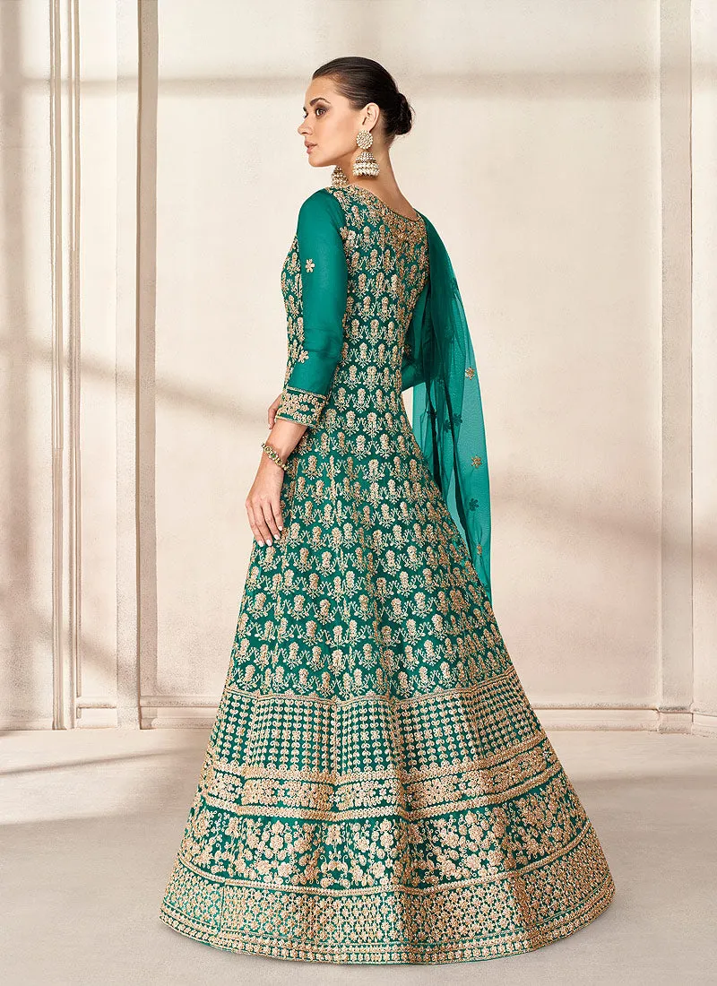 Green Embroidered Jacket Style Anarkali Suit