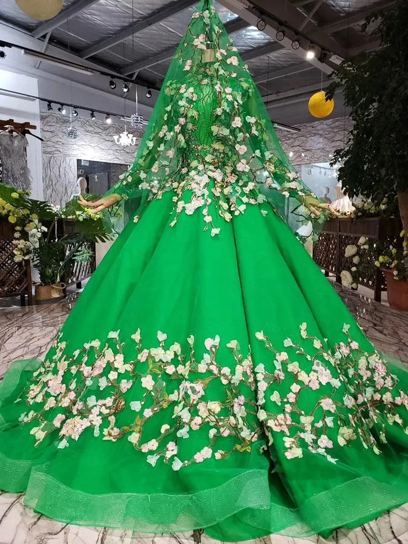 Green High Neck Long Sleeve Lace-up Muslim Evening Long Dress with Veil Formal Gown