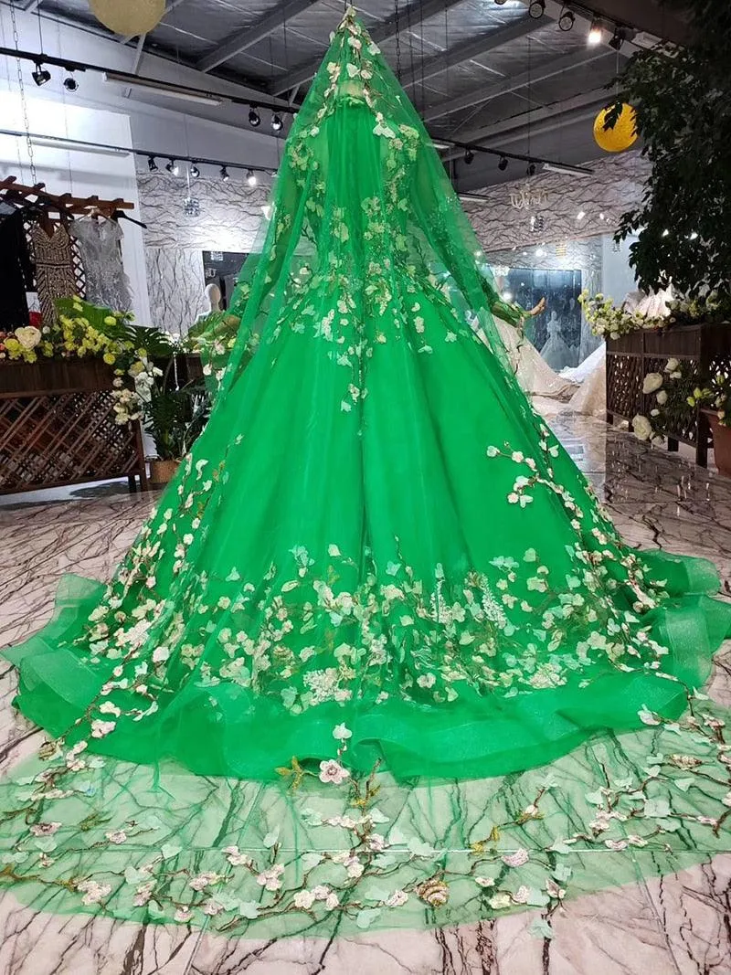 Green High Neck Long Sleeve Lace-up Muslim Evening Long Dress with Veil Formal Gown