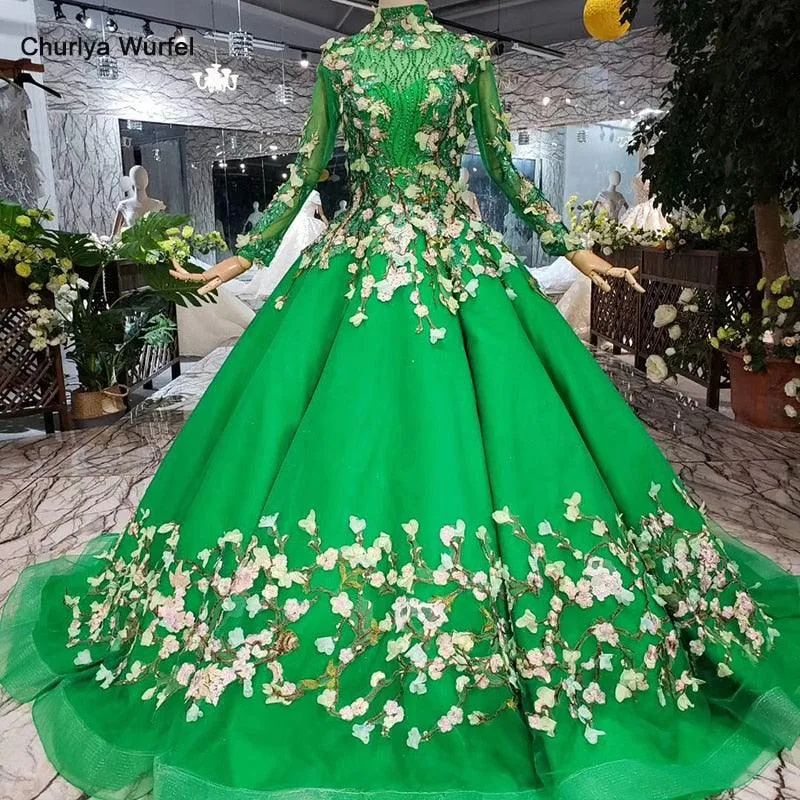 Green High Neck Long Sleeve Lace-up Muslim Evening Long Dress with Veil Formal Gown