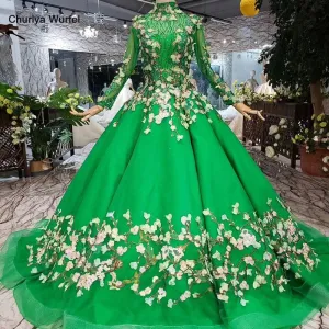Green High Neck Long Sleeve Lace-up Muslim Evening Long Dress with Veil Formal Gown