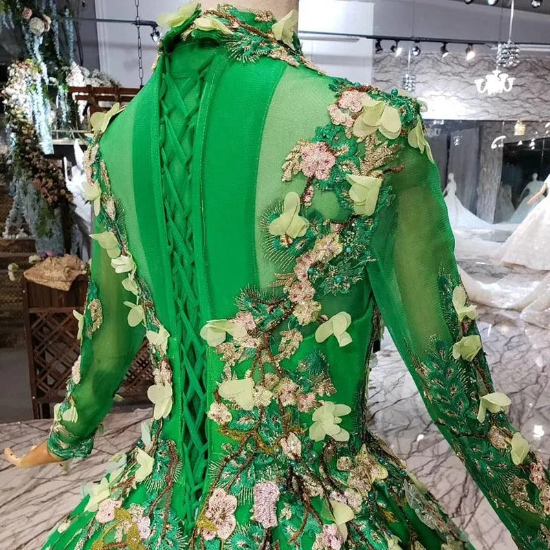 Green High Neck Long Sleeve Lace-up Muslim Evening Long Dress with Veil Formal Gown