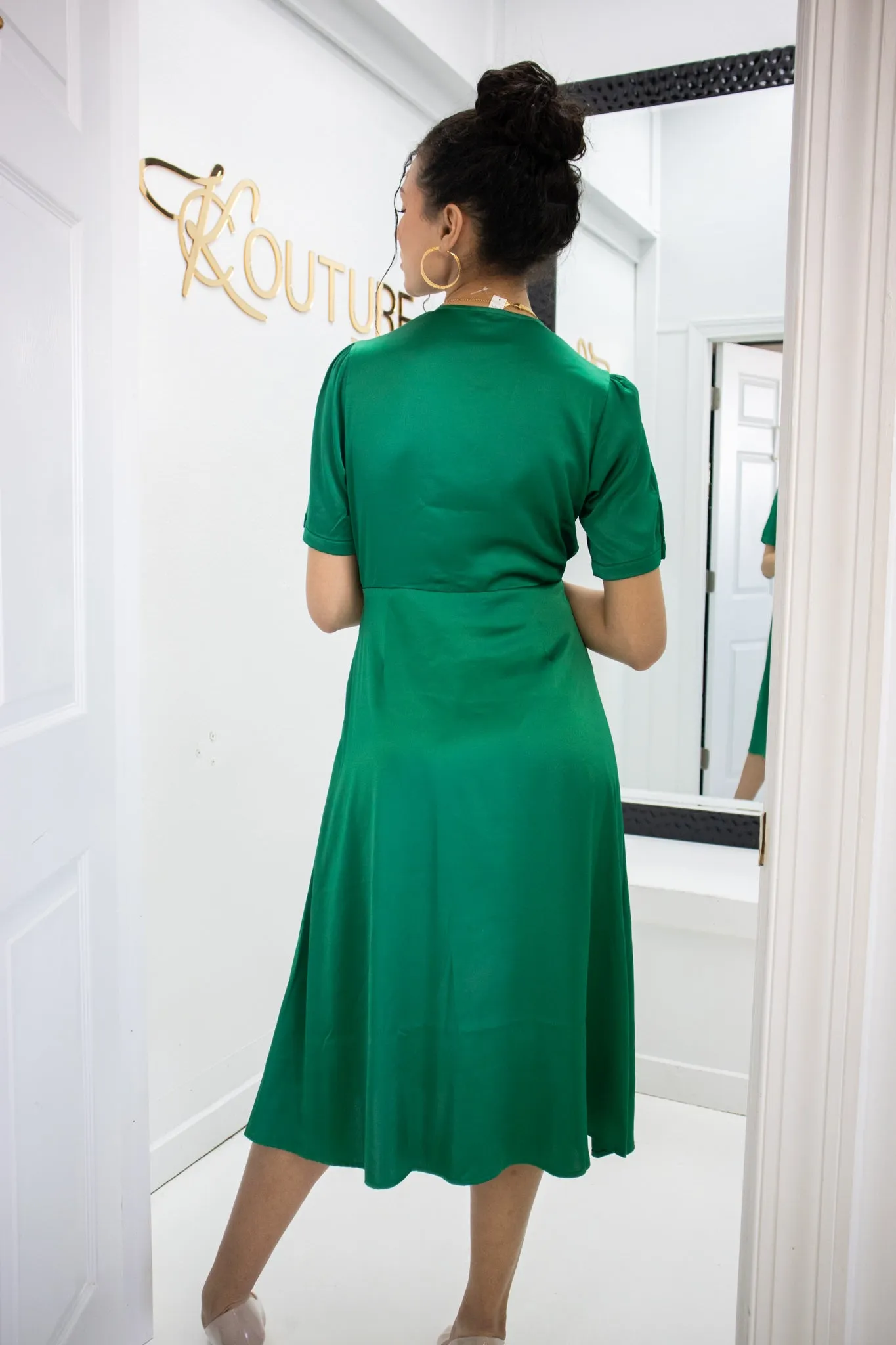 Green Satin Button Down Midi Dress