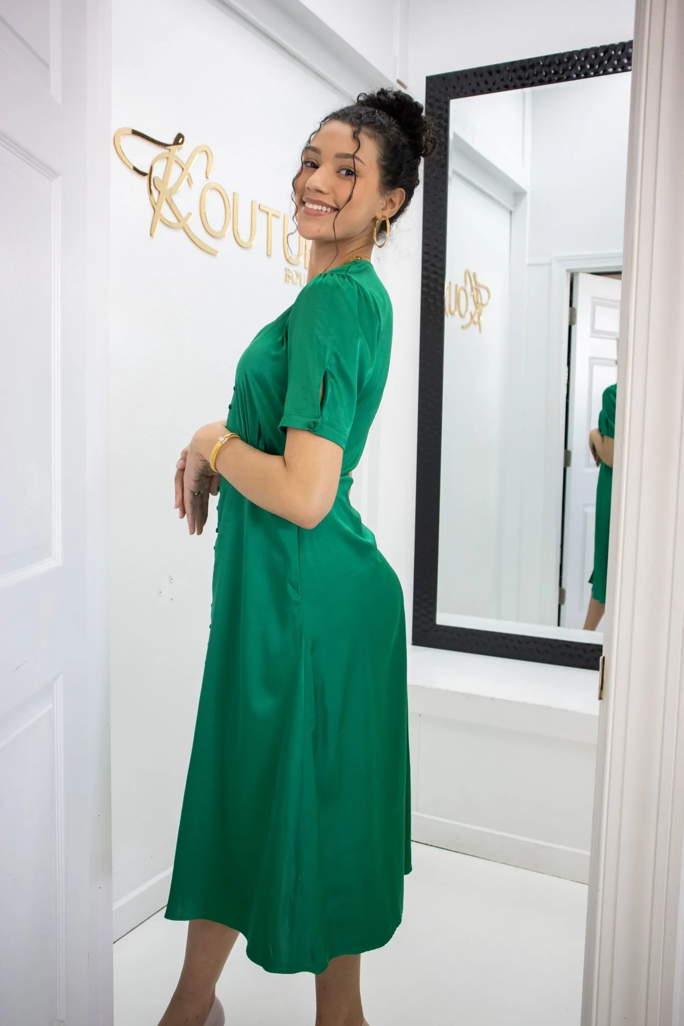 Green Satin Button Down Midi Dress