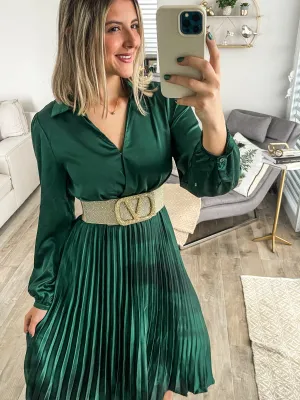 GREEN SATIN PLEATED MIDI DRESS