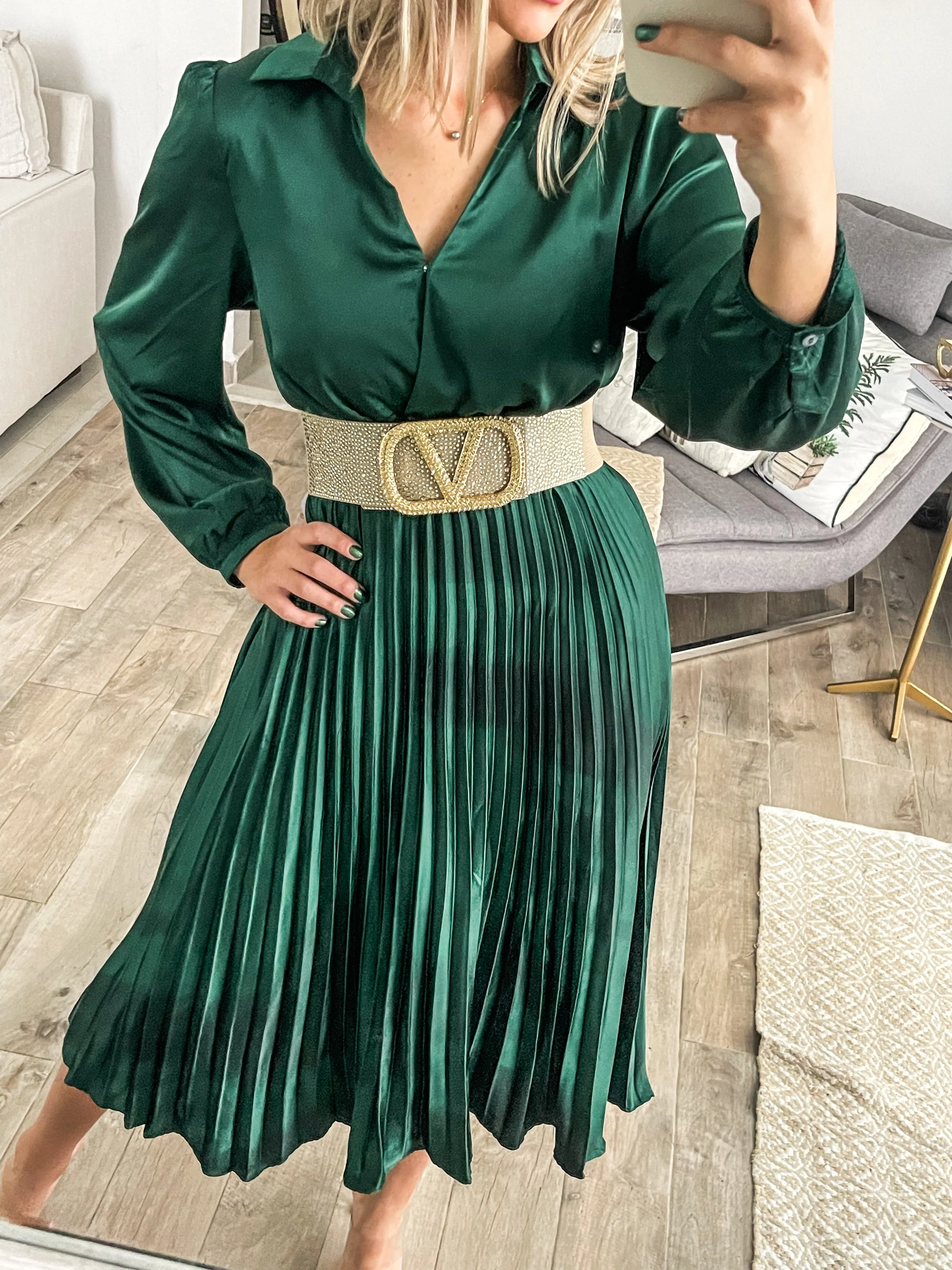 GREEN SATIN PLEATED MIDI DRESS