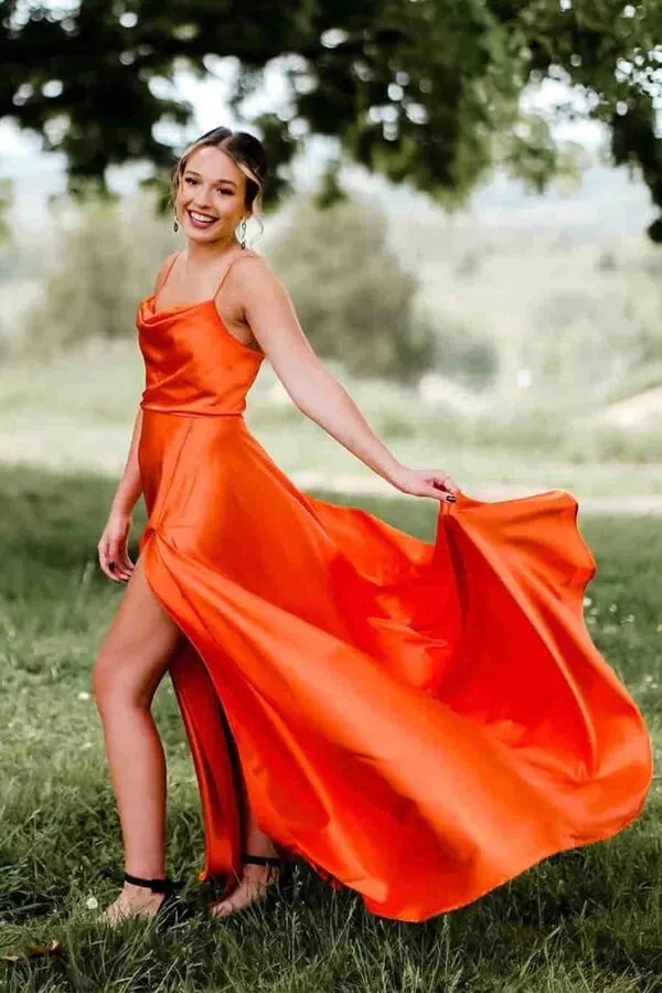 Green Silk Satin A-line Cowl Neck Prom Dresses With Slit, Evening Dresses, SP949