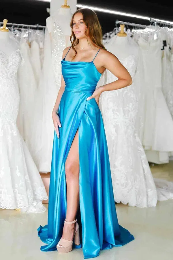 Green Silk Satin A-line Cowl Neck Prom Dresses With Slit, Evening Dresses, SP949