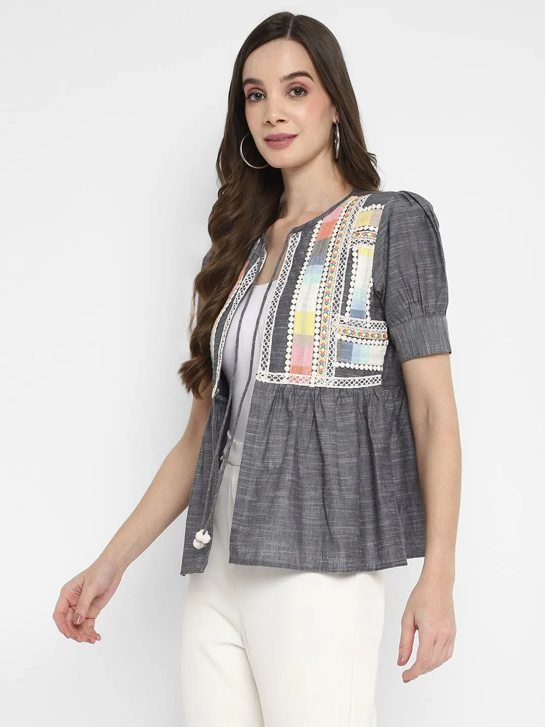 Grey Embellished Chambray Jacket