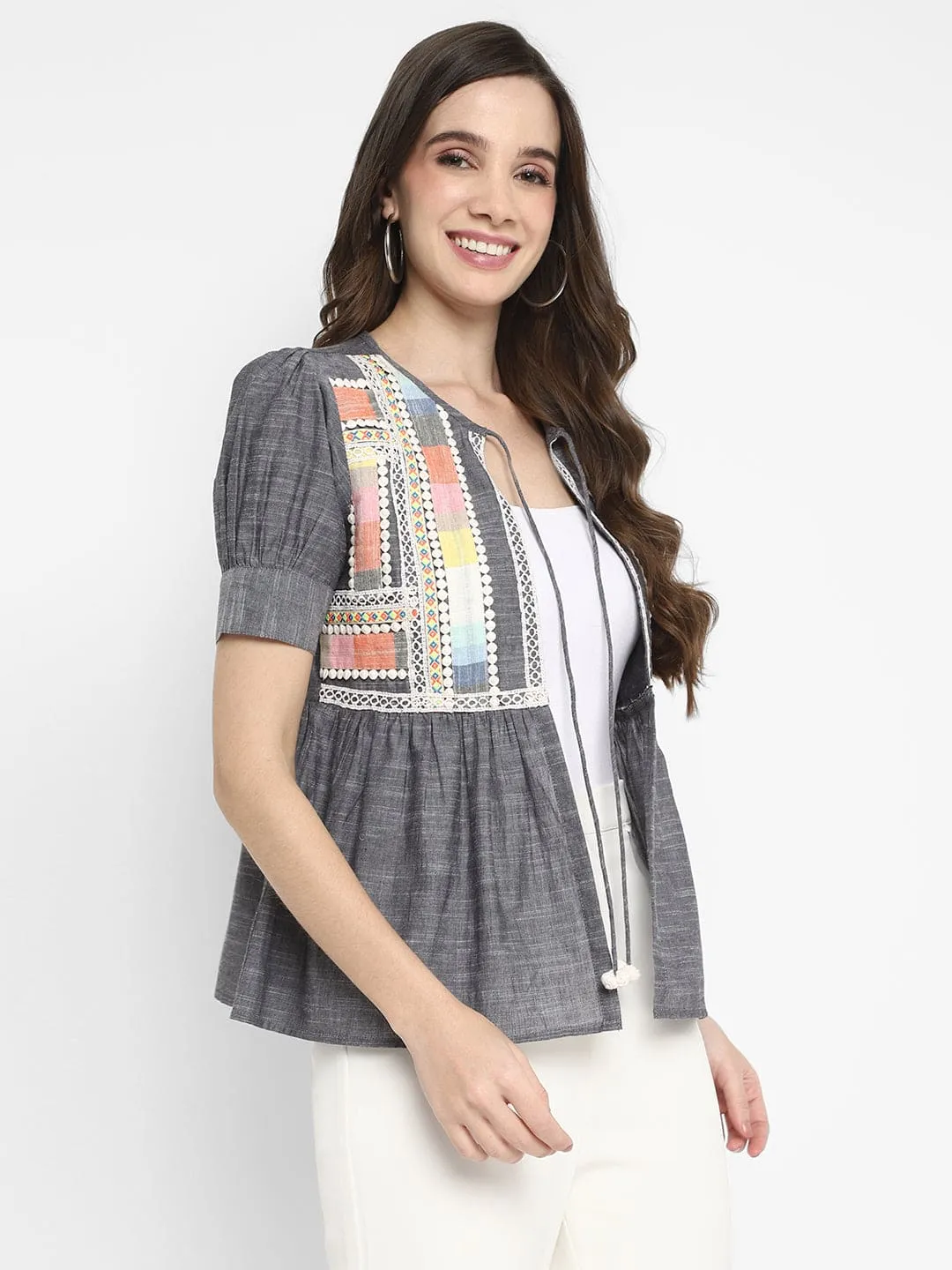 Grey Embellished Chambray Jacket