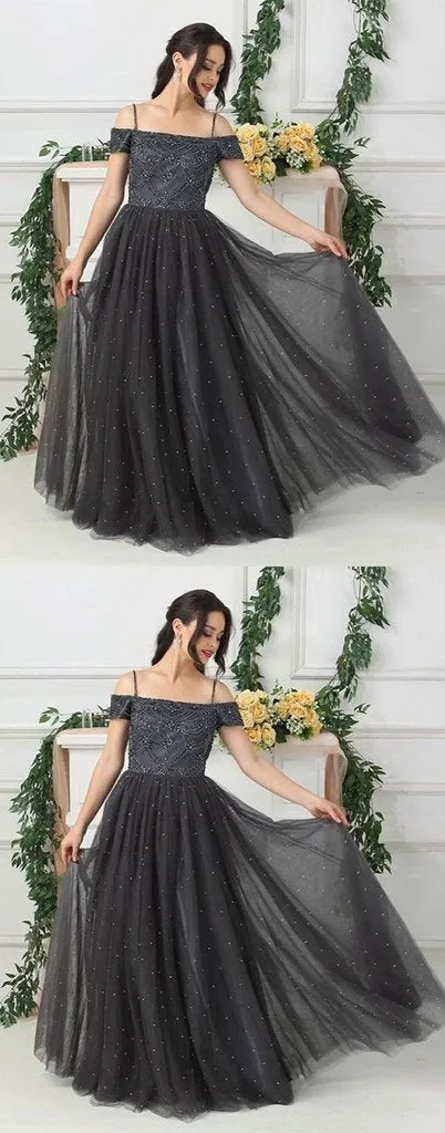 Grey Tulle A Line Beads Long Prom Dress,Evening Dresses PFP0120