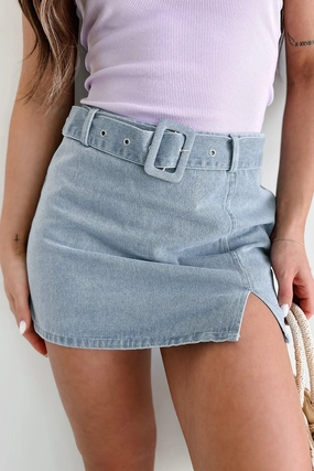 Growing Distant Belted Denim Mini Skirt (Washed Denim) Growing Distant Belted Denim Mini Skirt (Washed Denim)