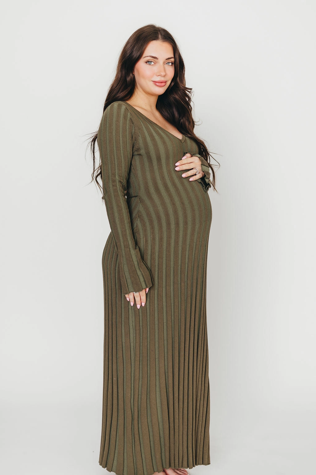 Hadley Long Sleeve V-Neck Knit Maxi Dress in Olive- Bump Friendly