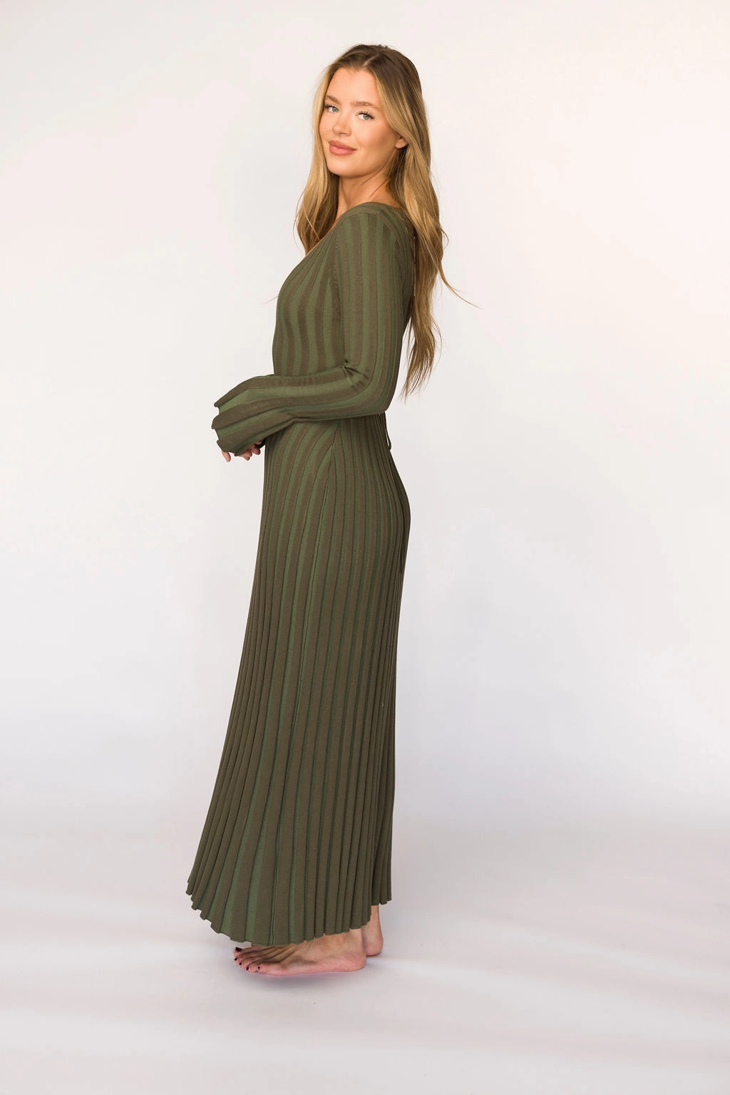 Hadley Long Sleeve V-Neck Knit Maxi Dress in Olive- Bump Friendly