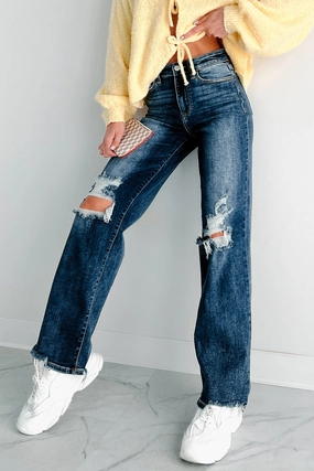 Hagan Judy Blue High Waist 90's Distress Straight Leg Jeans (Dark) Hagan Judy Blue High Waist 90's Distress Straight Leg Jeans (Dark)