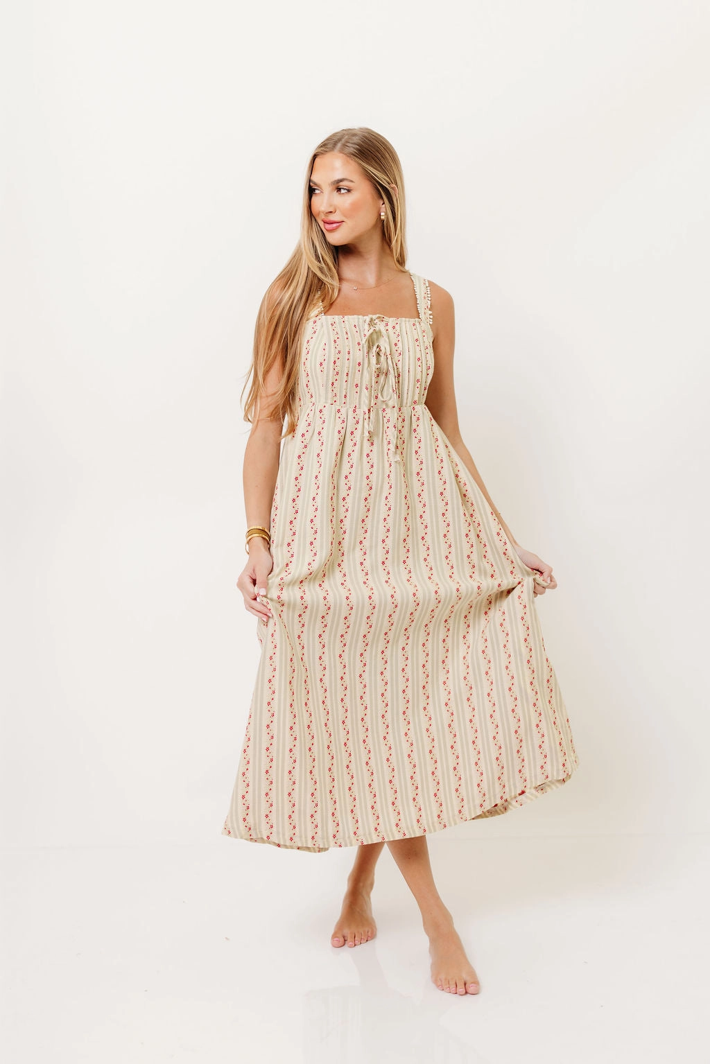 Haley Mae Cotton Floral Embroidered Striped Midi Dress in Sage