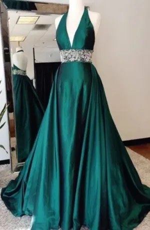 Halter Dark Green Long Prom Dresses Waist with Rhinestones
