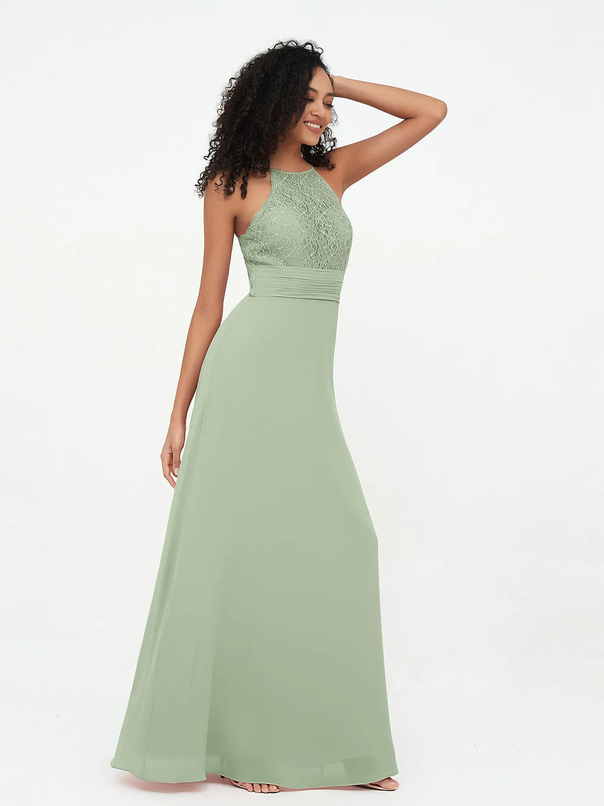 Halter Lace Top and Chiffon Open Back Dresses Dusty Sage