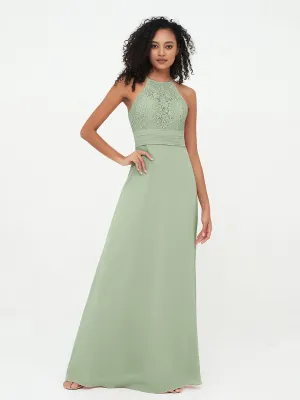 Halter Lace Top and Chiffon Open Back Dresses Dusty Sage