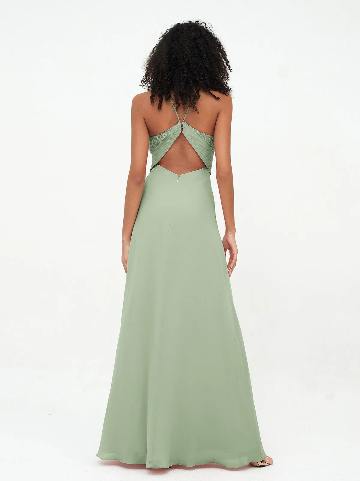 Halter Lace Top and Chiffon Open Back Dresses Dusty Sage
