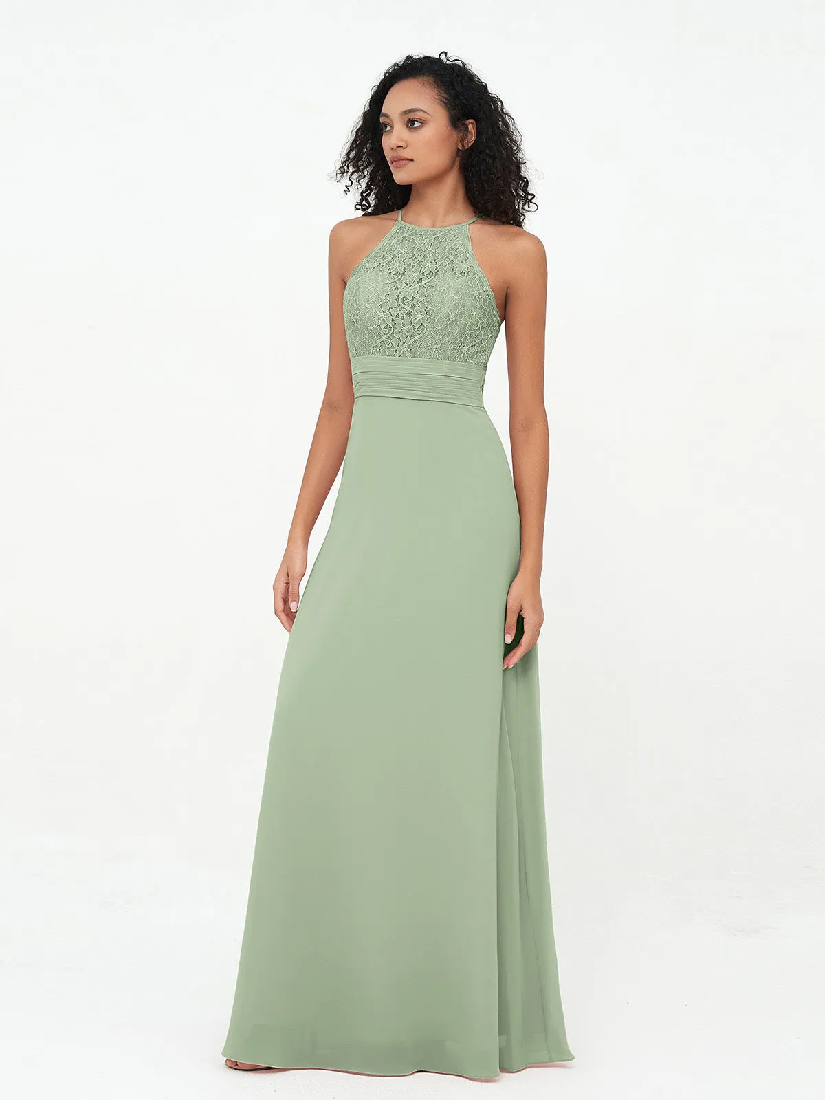 Halter Lace Top and Chiffon Open Back Dresses Dusty Sage