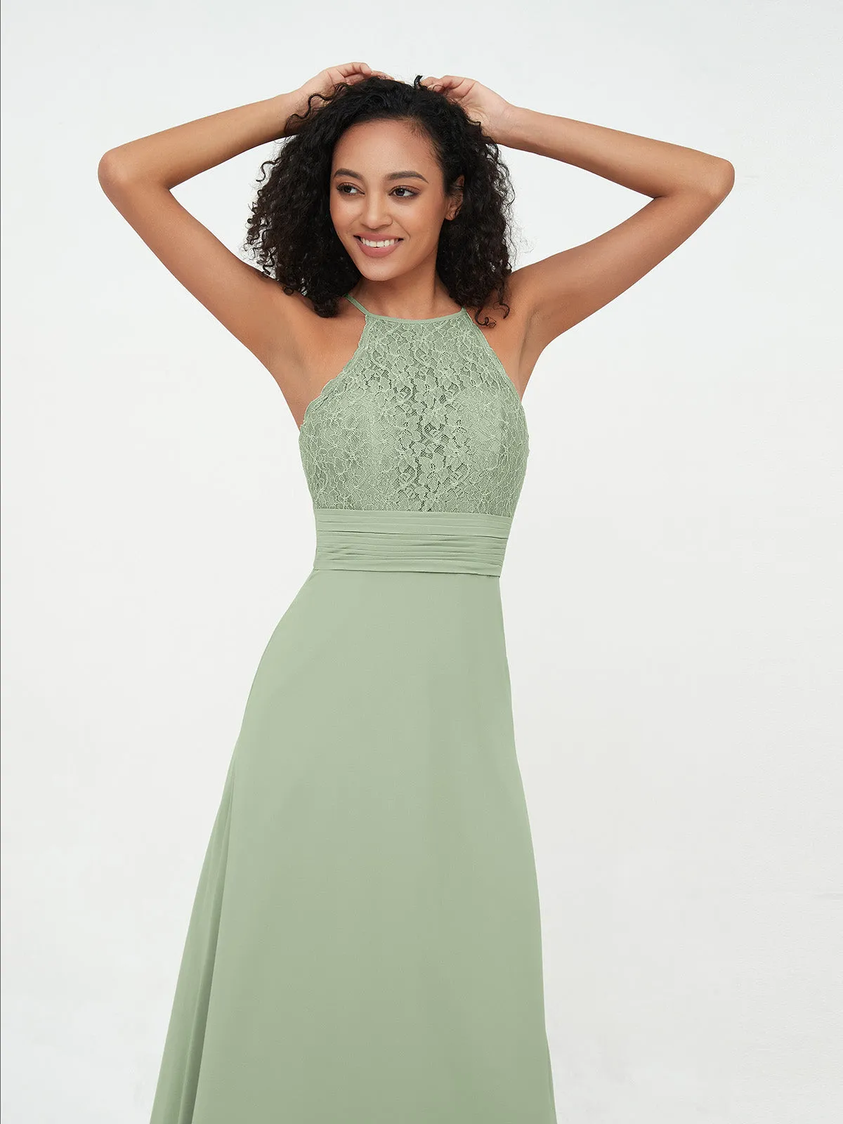 Halter Lace Top and Chiffon Open Back Dresses Dusty Sage