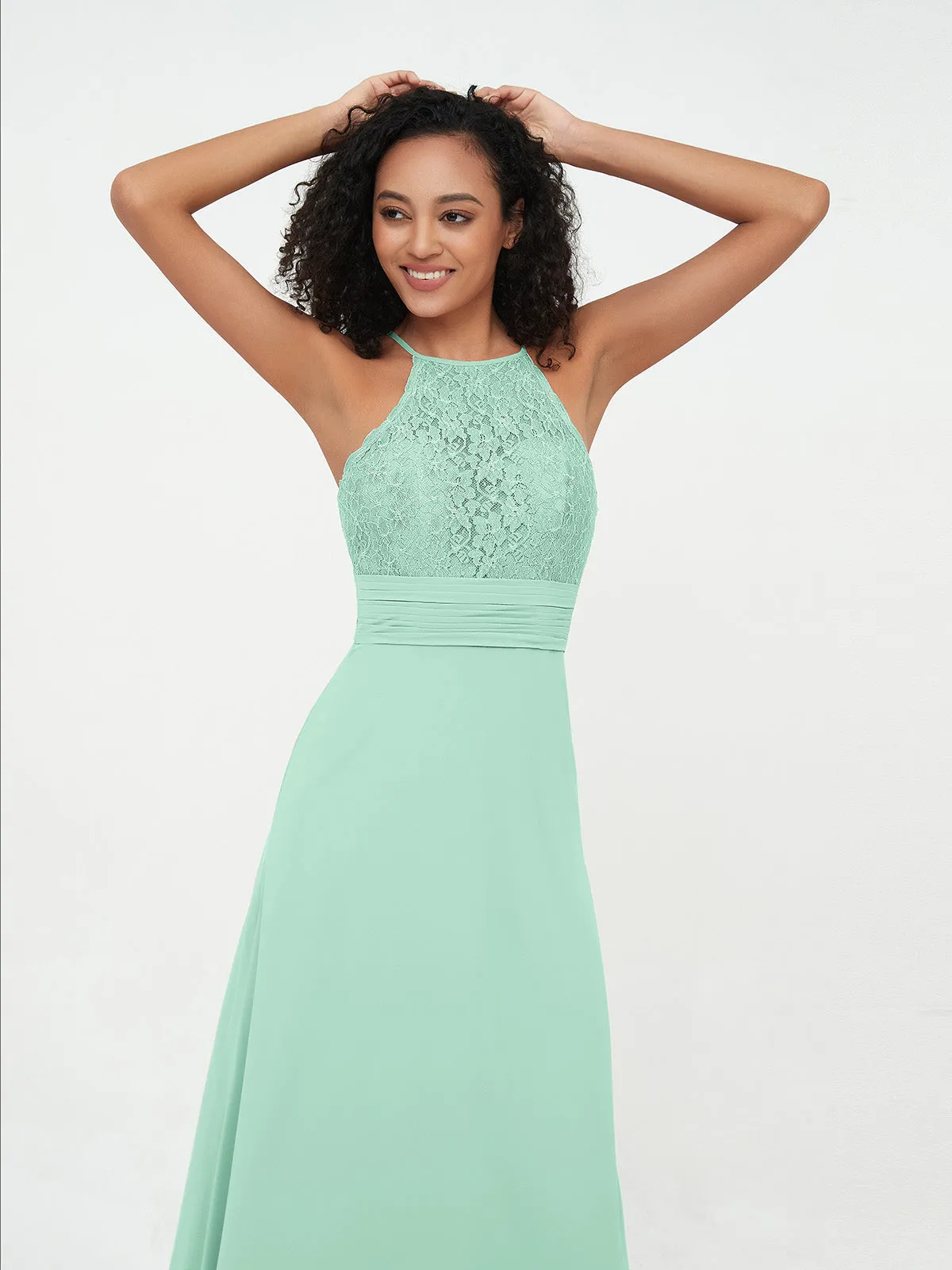 Halter Lace Top and Chiffon Open Back Dresses Mint Green