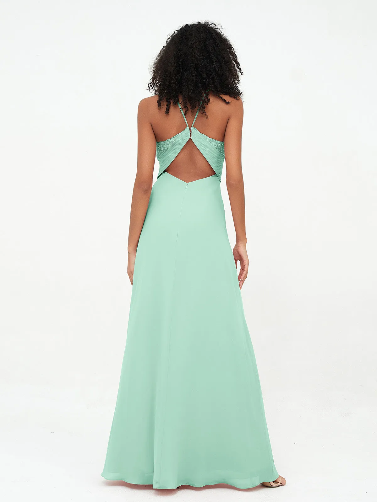 Halter Lace Top and Chiffon Open Back Dresses Mint Green