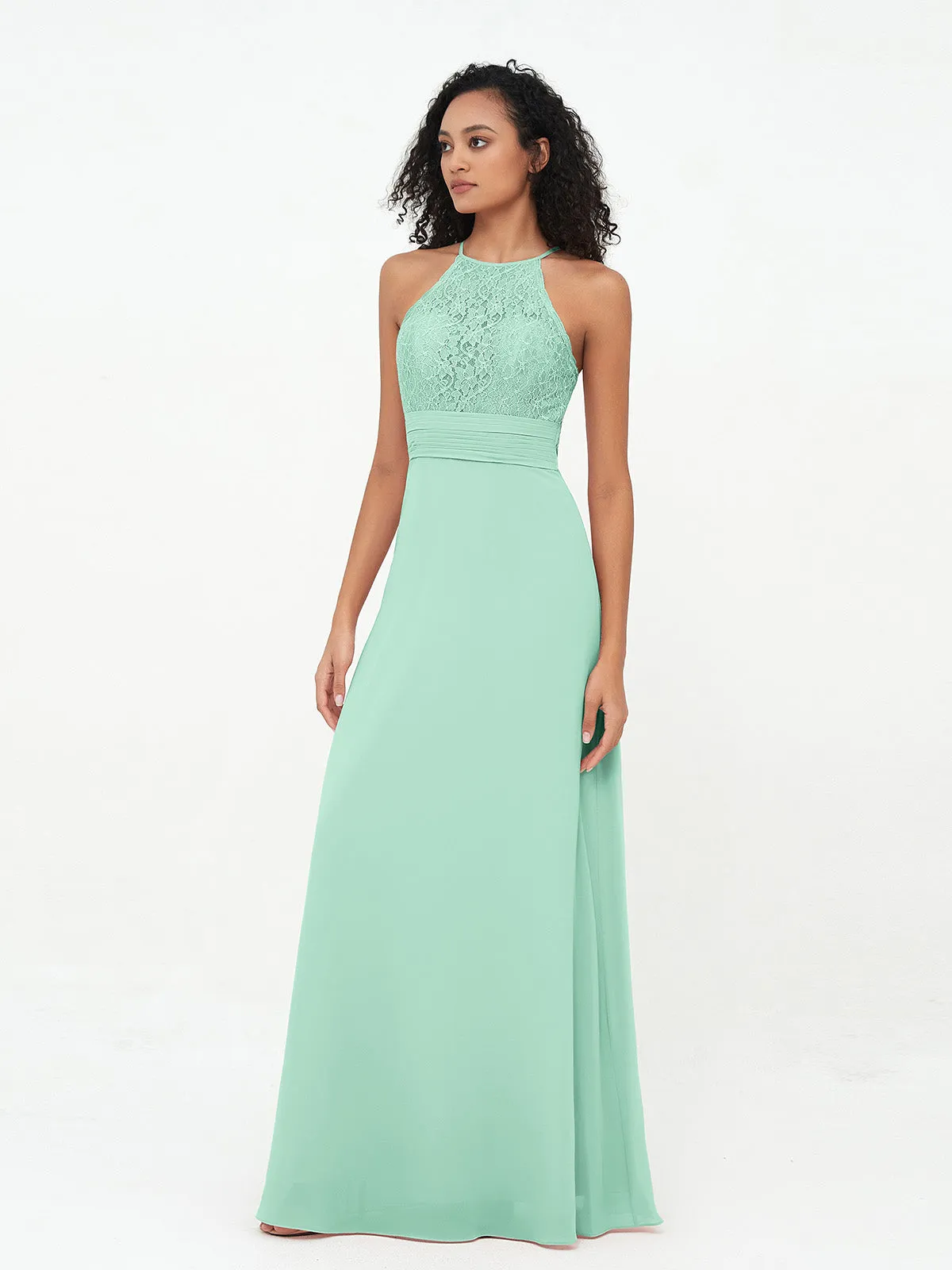 Halter Lace Top and Chiffon Open Back Dresses Mint Green