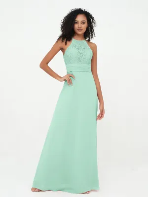 Halter Lace Top and Chiffon Open Back Dresses Mint Green