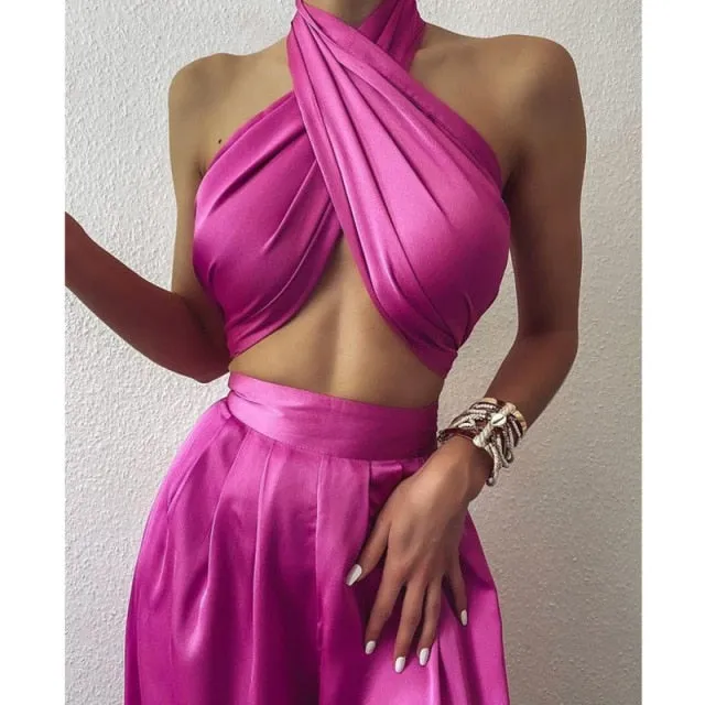 halter luxury silk satin solid flare pants jumpsuit