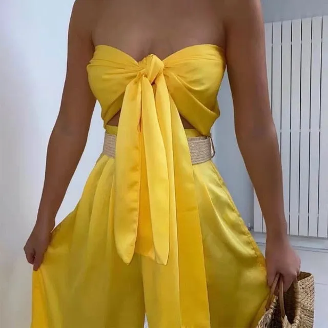halter luxury silk satin solid flare pants jumpsuit