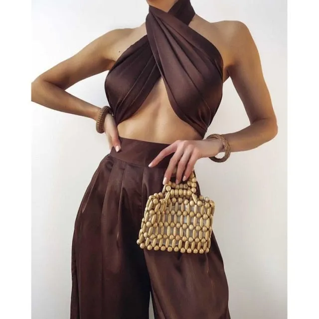 halter luxury silk satin solid flare pants jumpsuit