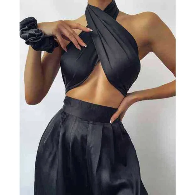 halter luxury silk satin solid flare pants jumpsuit