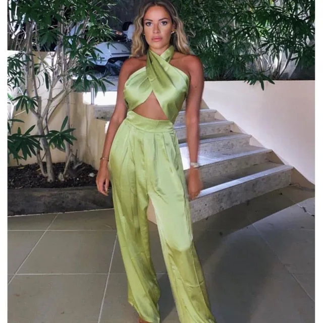 halter luxury silk satin solid flare pants jumpsuit