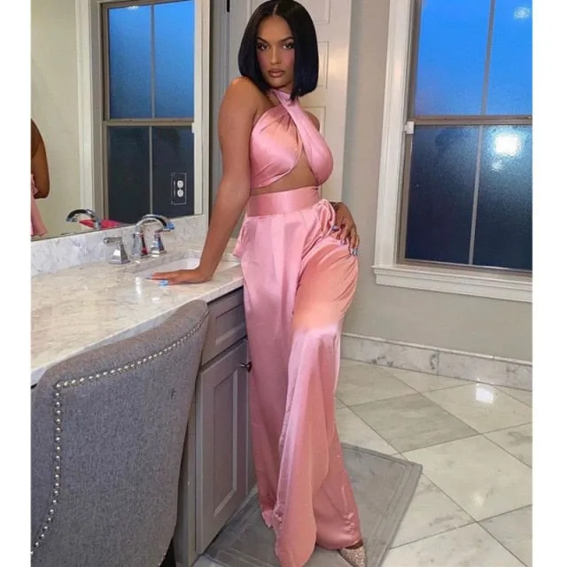 halter luxury silk satin solid flare pants jumpsuit