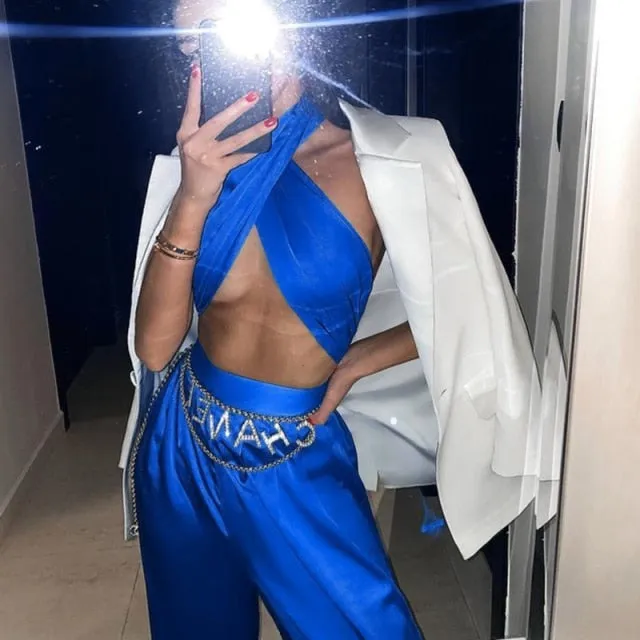 halter luxury silk satin solid flare pants jumpsuit