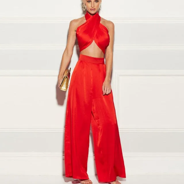 halter luxury silk satin solid flare pants jumpsuit