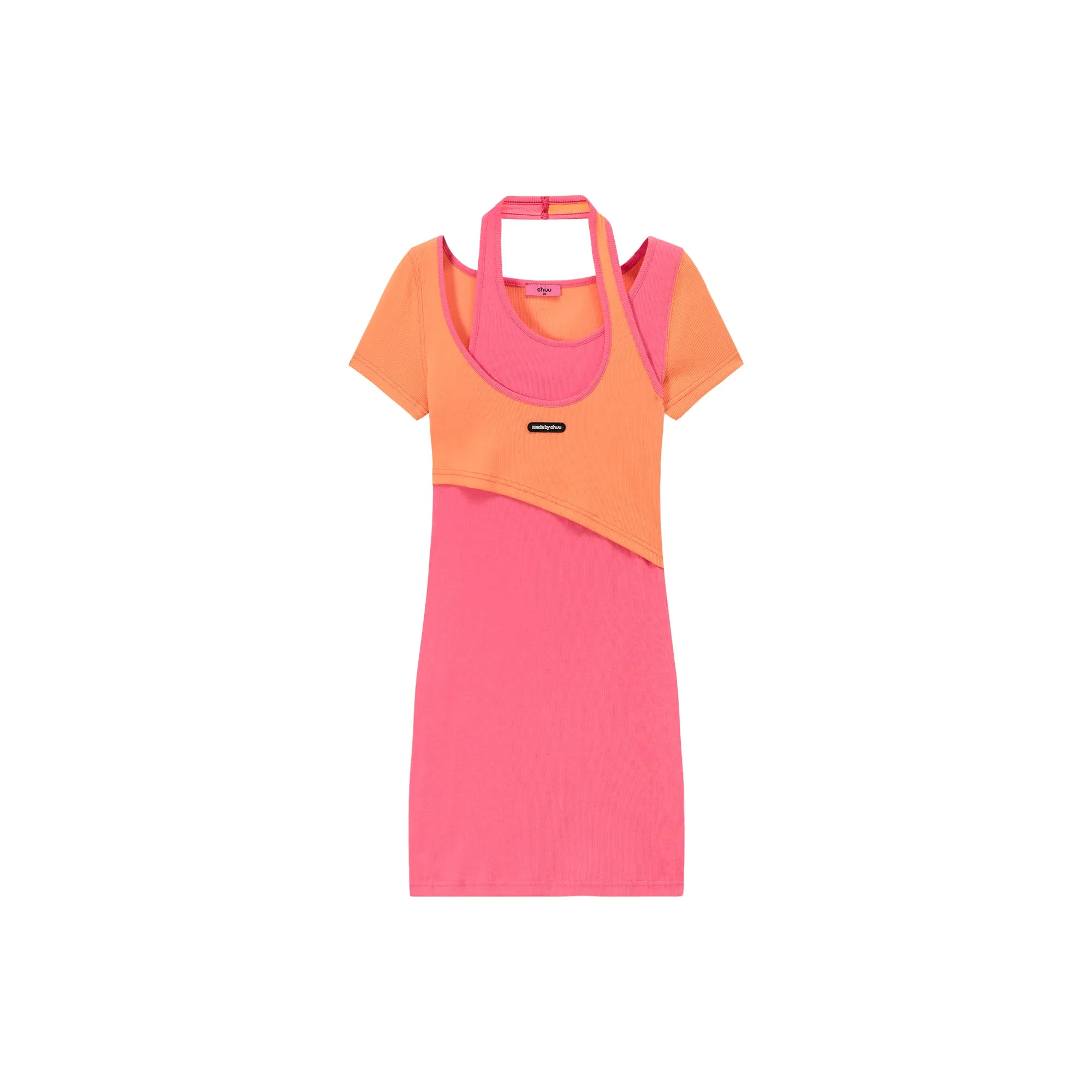 Halter Neck Short Sleeve Color Mini Dress