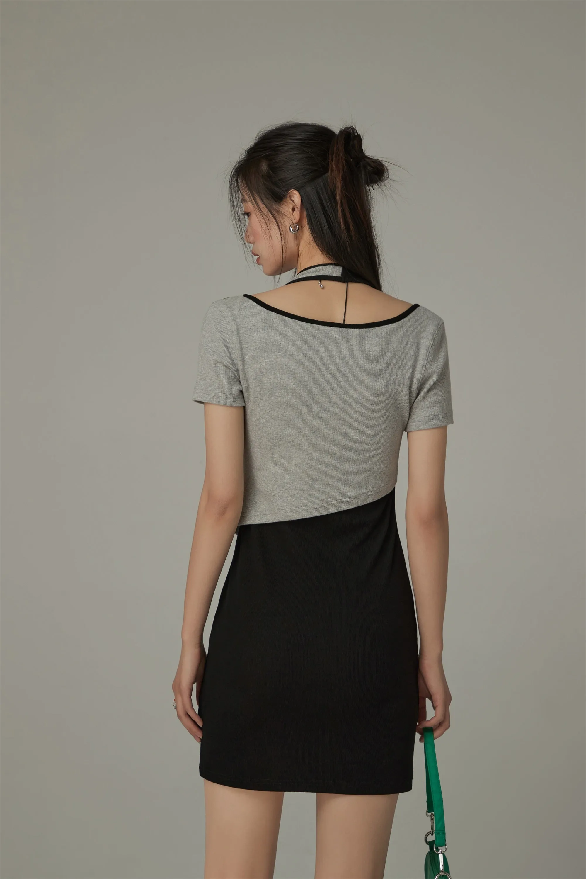 Halter Neck Short Sleeve Color Mini Dress