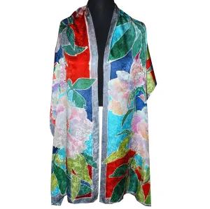 Hand Painted Peony Jacquard Silk Wrap