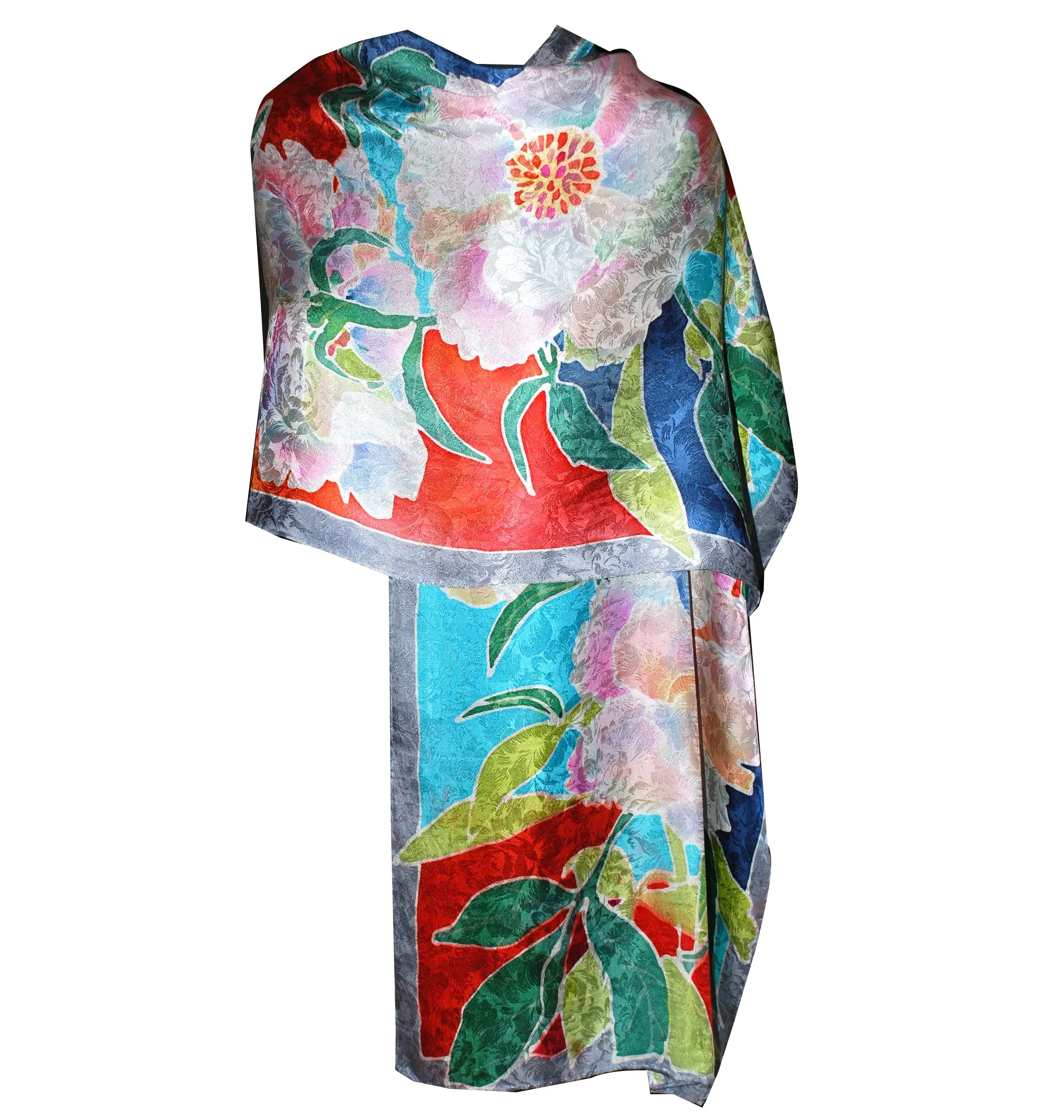Hand Painted Peony Jacquard Silk Wrap